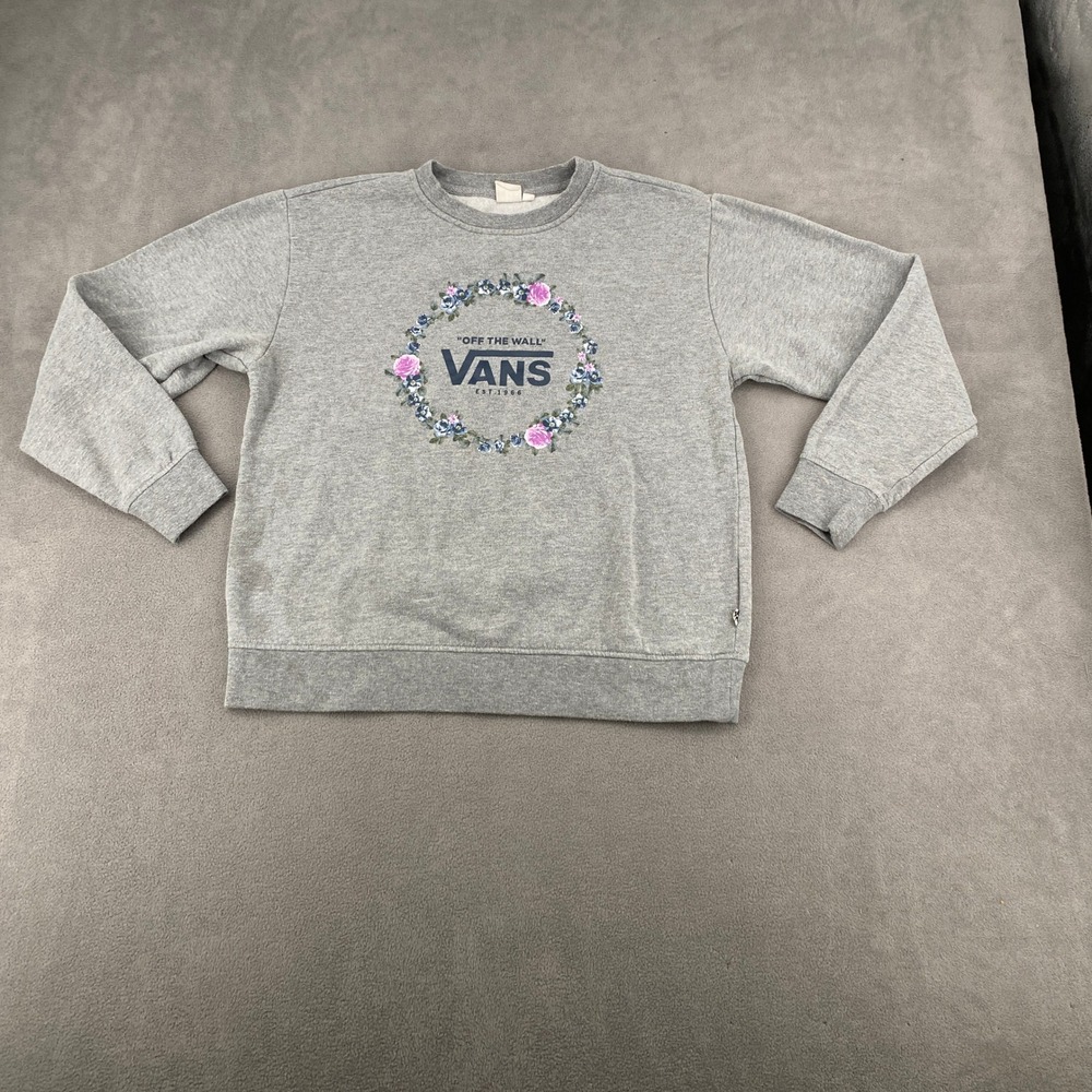 Vans Off The Wall Floral Wreath Graphic Crewneck Sweatshirt Gray Womens Medium